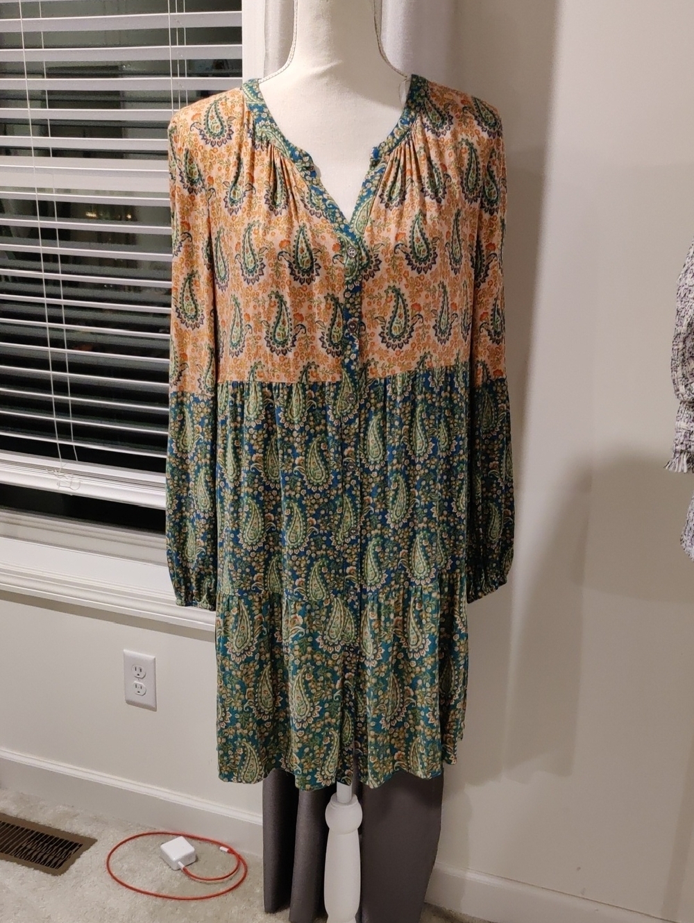 DR2 Boho Paisley Tiered Long-Sleeve Front Button Up Dress Y2K Cottagecore Retro